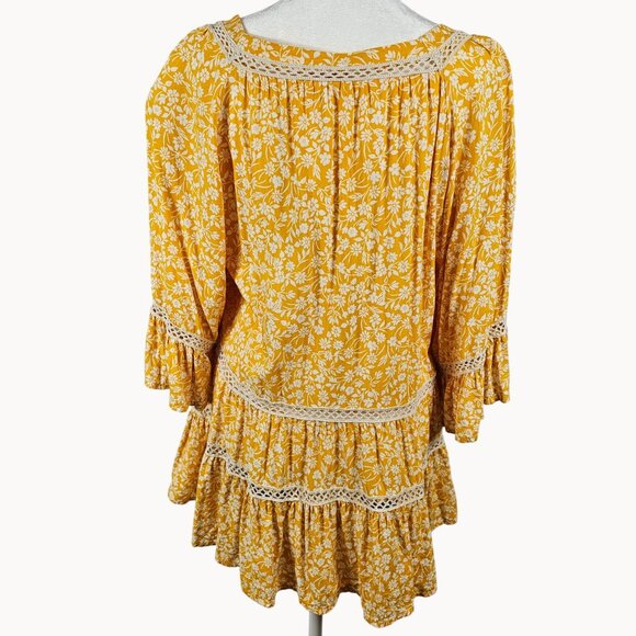 Womens Magnolia Lane L Tunic Yellow Floral Ruffled Boho Cottage Prairie Country - Picture 5 of 15